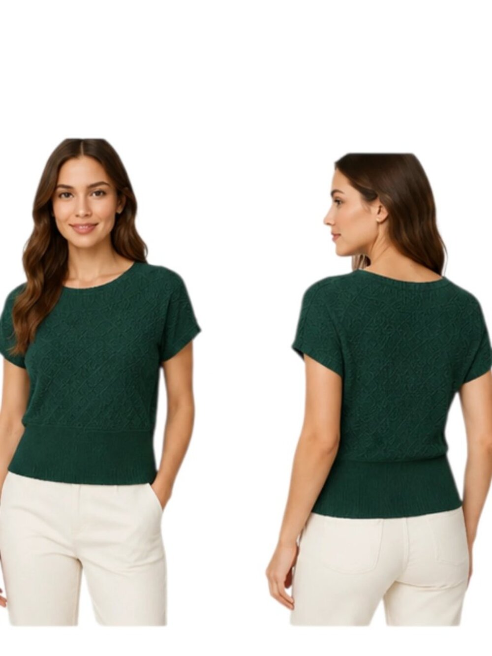 Dark Green Textured Knit Top With Short Sleeves Large